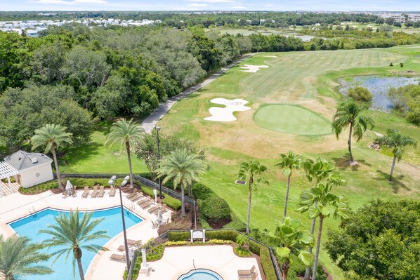 A golf course with a swimming pool and palm trees. - Immediately Adjacent to the Pool & Golf Course Views (Kissimmee)