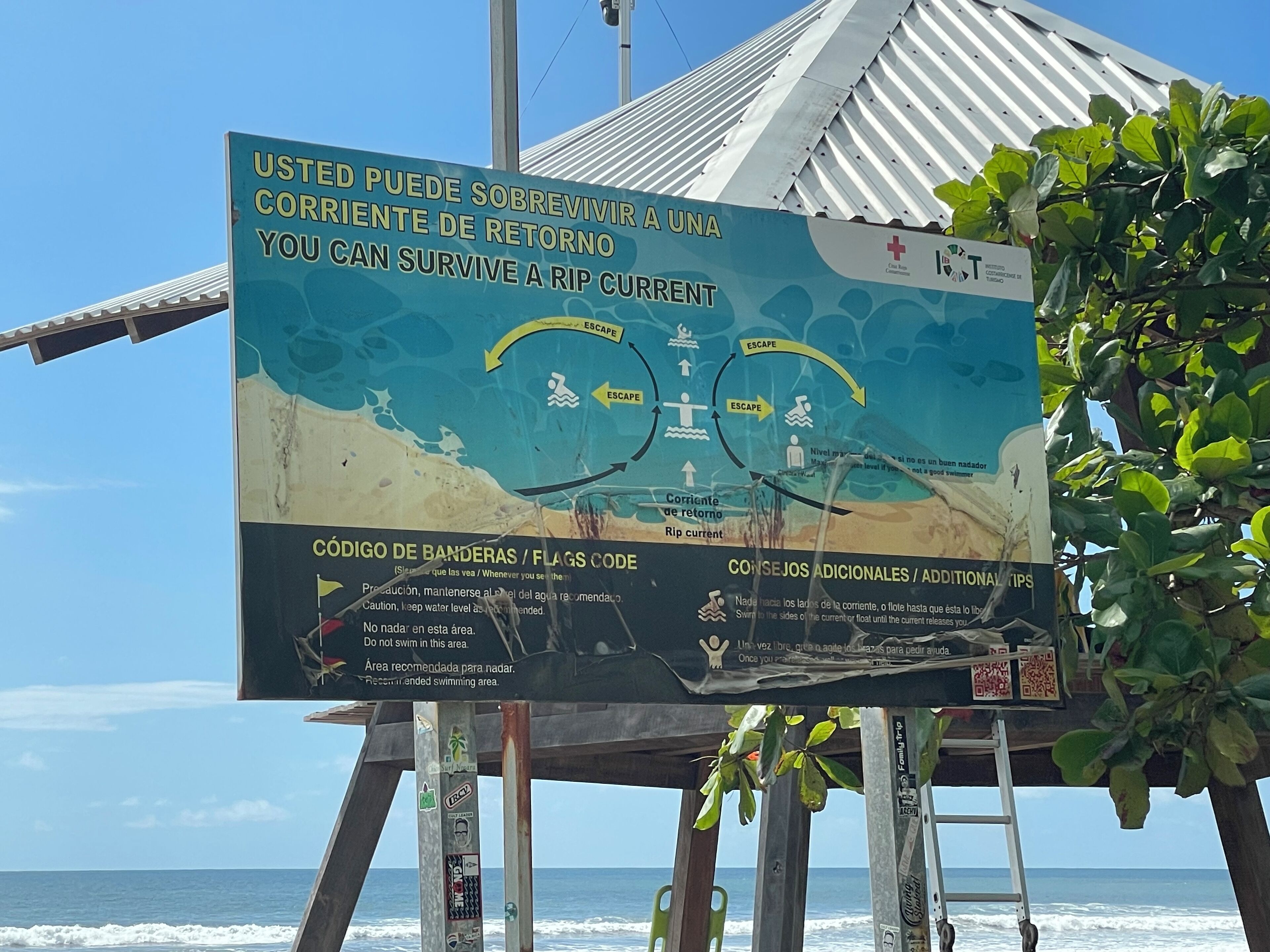 A signboard with instructions for rip current safety and a beach view.