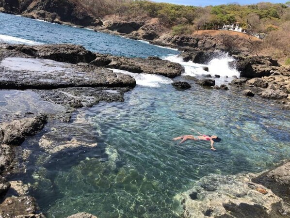 A clear water body with rocky formations and a person swimming. - Casa Alquiler Puerto Carrillo (Puerto Carrillo)