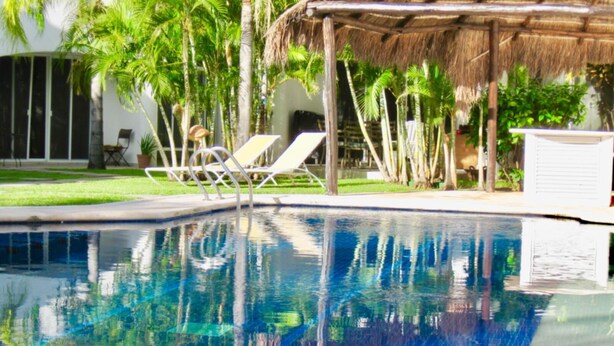 A swimming pool with clear water reflecting palm trees and a thatched-roof structure. - 2 connected villas 19 Pax (Playa del Carmen)