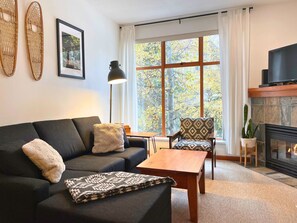 Smart-TV, Kamin, Bücher, Stereoanlage