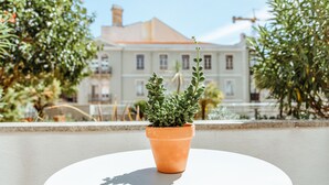 Un pot en terre cuite contenant une plante succulente, posé sur une table ronde blanche.