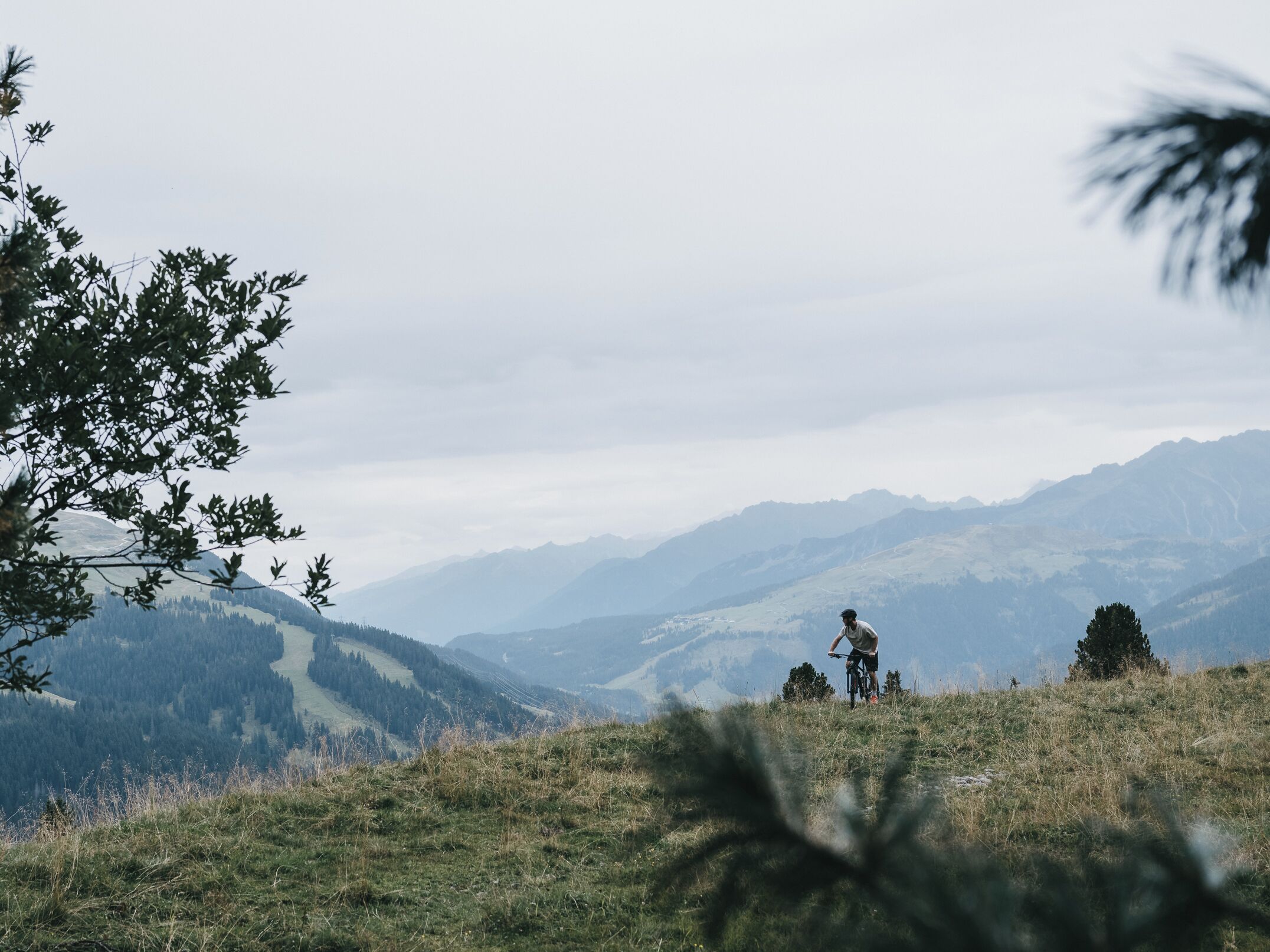 Uma pessoa andando de bicicleta de montanha numa colina gramada, com vista para montanhas ao longe.