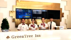 Una recepción en GreenTree Inn con un diseño moderno, una pantalla de televisión y una planta en maceta.