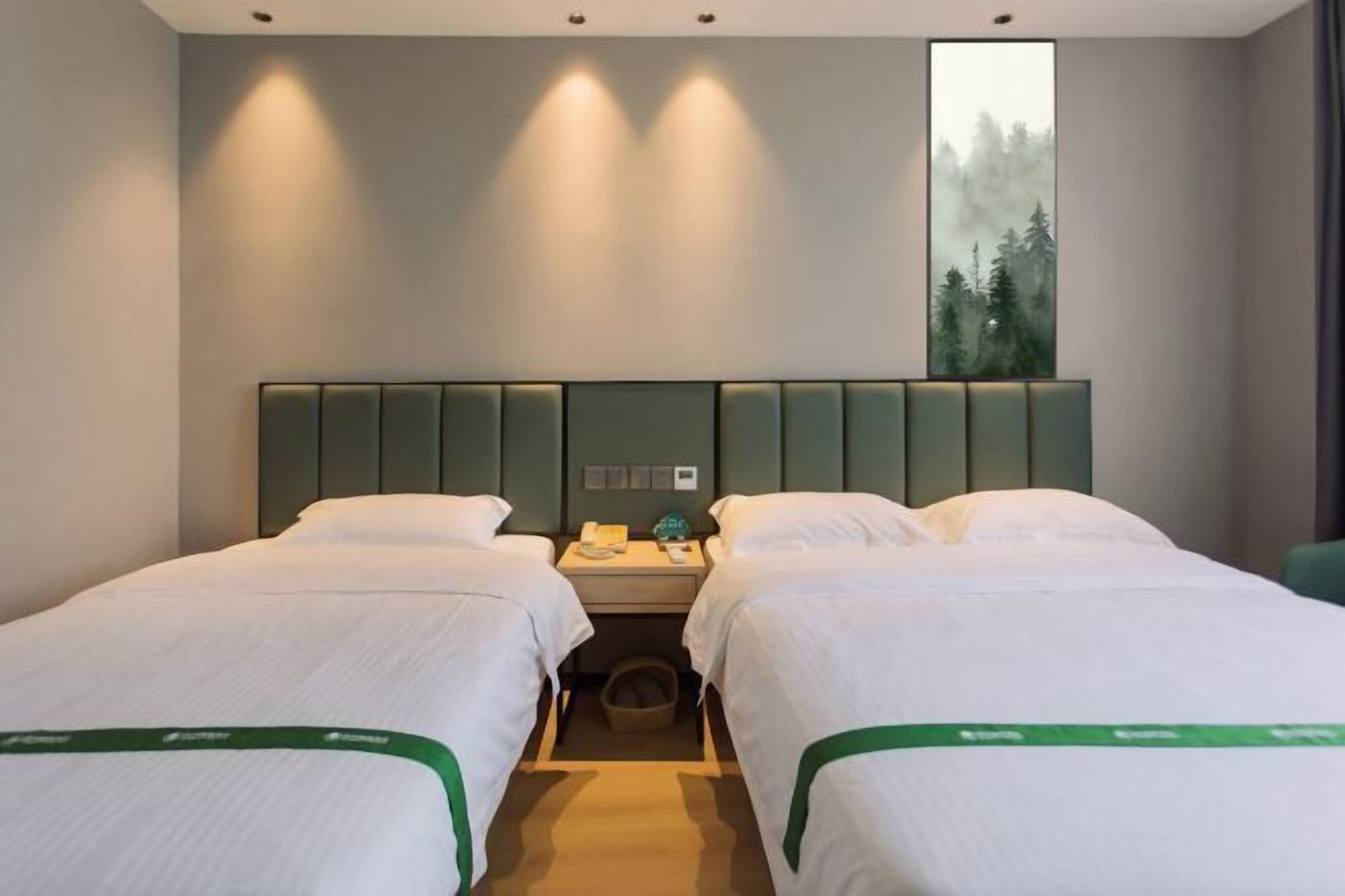 Habitación de hotel con dos camas, cabecera, mesita de noche y ventana con vistas a árboles.