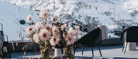 Une terrasse avec une table et des chaises, un vase de fleurs et une vue sur des montagnes enneigées.