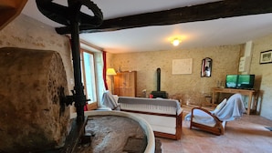 Une pièce rustique avec une cheminée en pierre, des meubles en bois et un téléviseur.