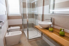 Shower, hair dryer, bidet, towels