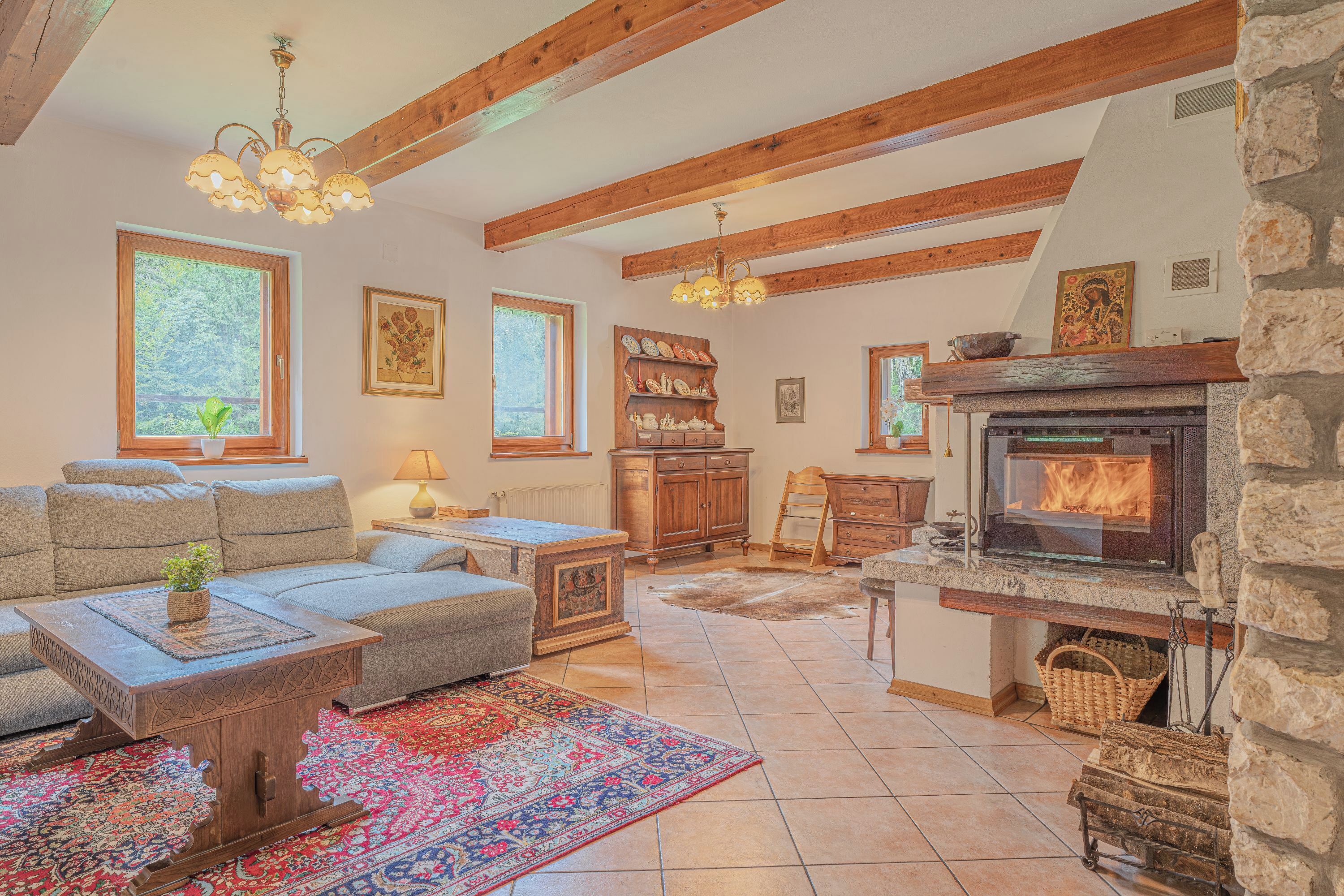 Family Chalet, Multiple Bedrooms, 2 Bathrooms, Mountainside (Chalet Primus Near Soča Gorge) | Living area | 21-inch TV with digital channels, fireplace, DVD player