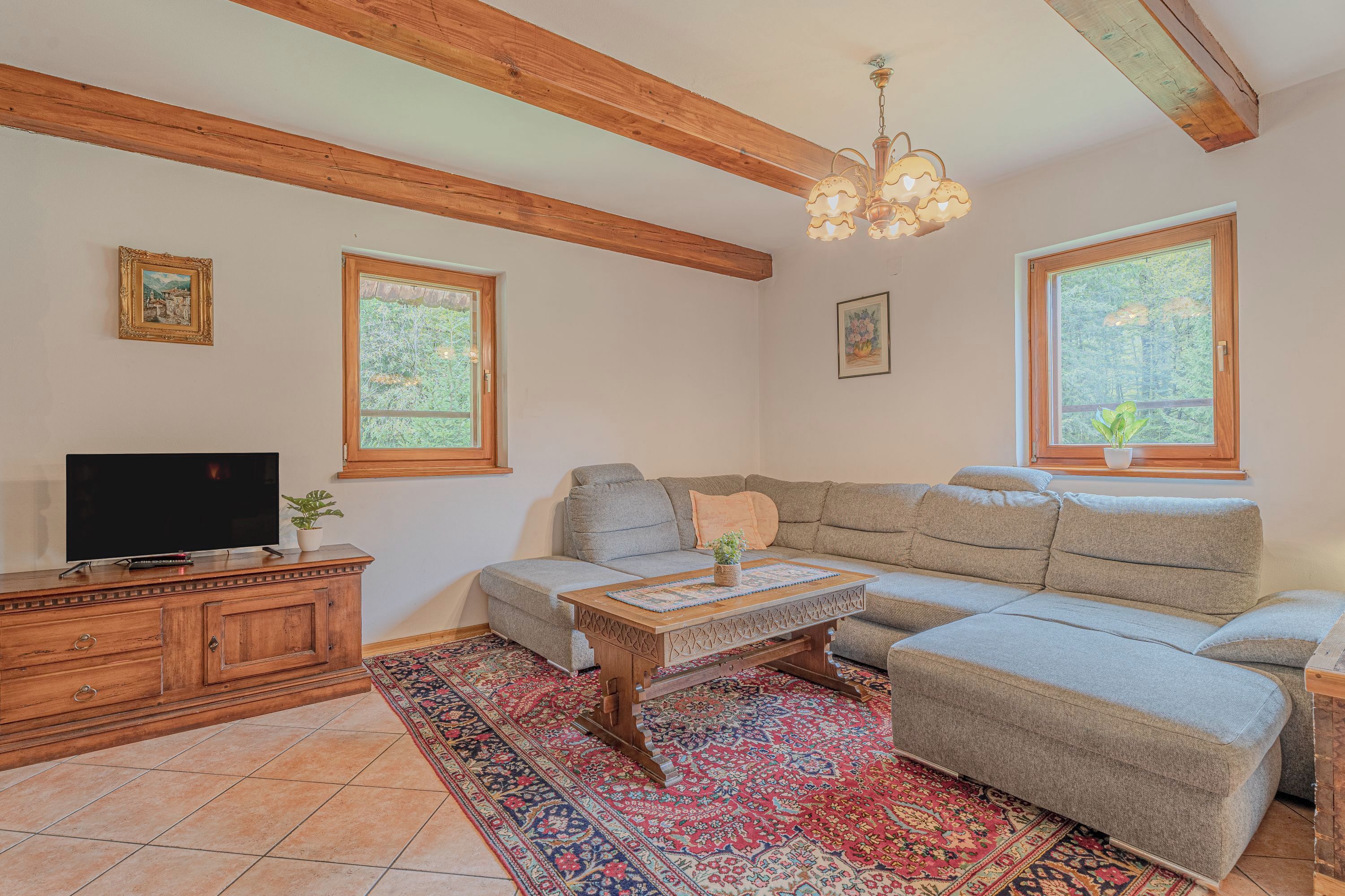 Family Chalet, Multiple Bedrooms, 2 Bathrooms, Mountainside (Chalet Primus Near Soča Gorge) | Living area | 21-inch TV with digital channels, fireplace, DVD player