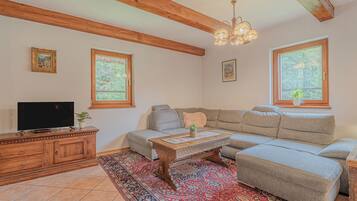 Family Chalet, Multiple Bedrooms, 2 Bathrooms, Mountainside (Chalet Primus Near Soča Gorge) | Living area | 21-inch TV with digital channels, fireplace, DVD player