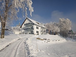 Una casa moderna de dos pisos con un camino cubierto de nieve y árboles circundantes.