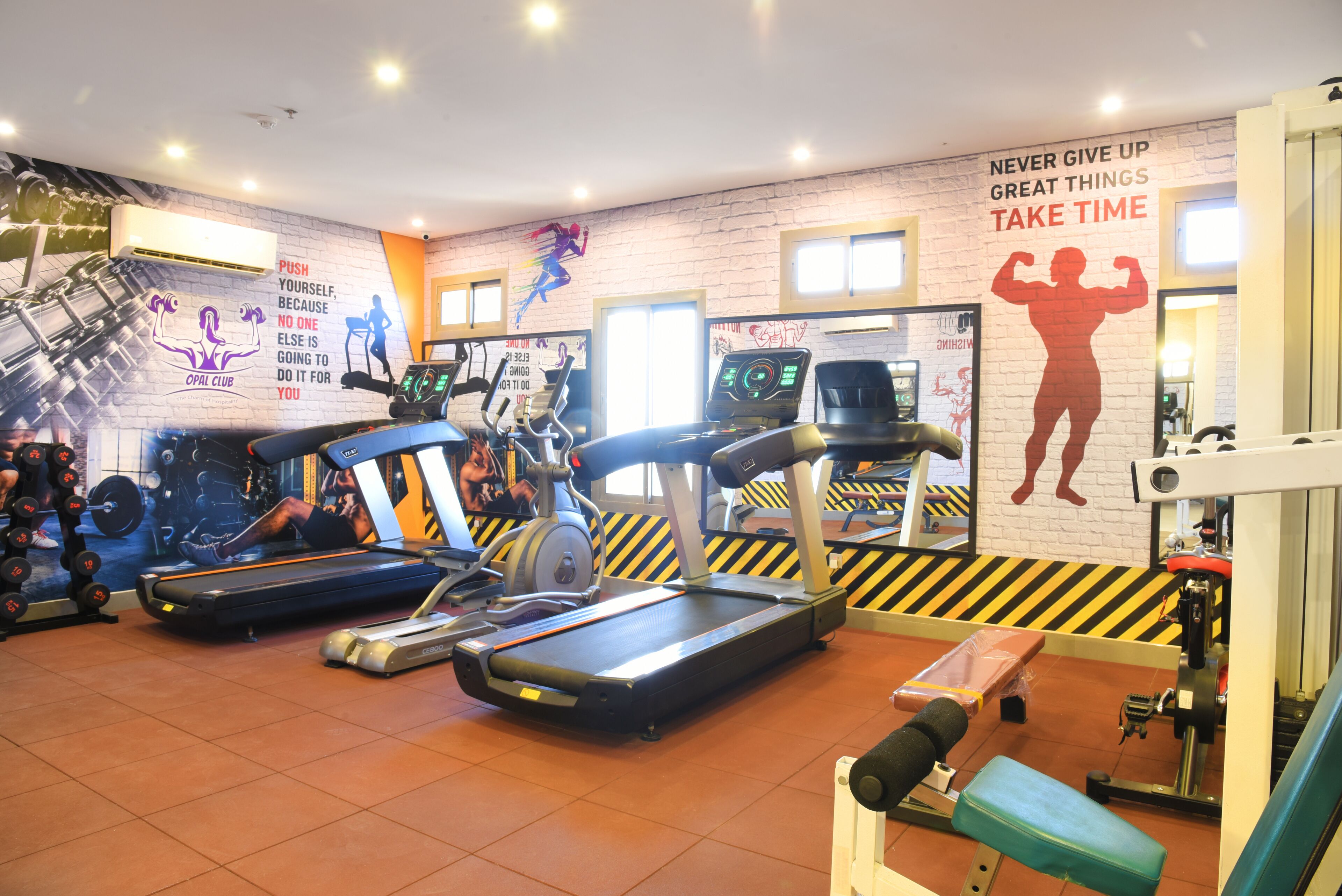 A gym with treadmills, weights, and motivational posters on the walls.