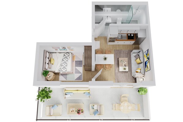 A 2-bedroom apartment layout with a living room, dining area, kitchen, and a balcony.