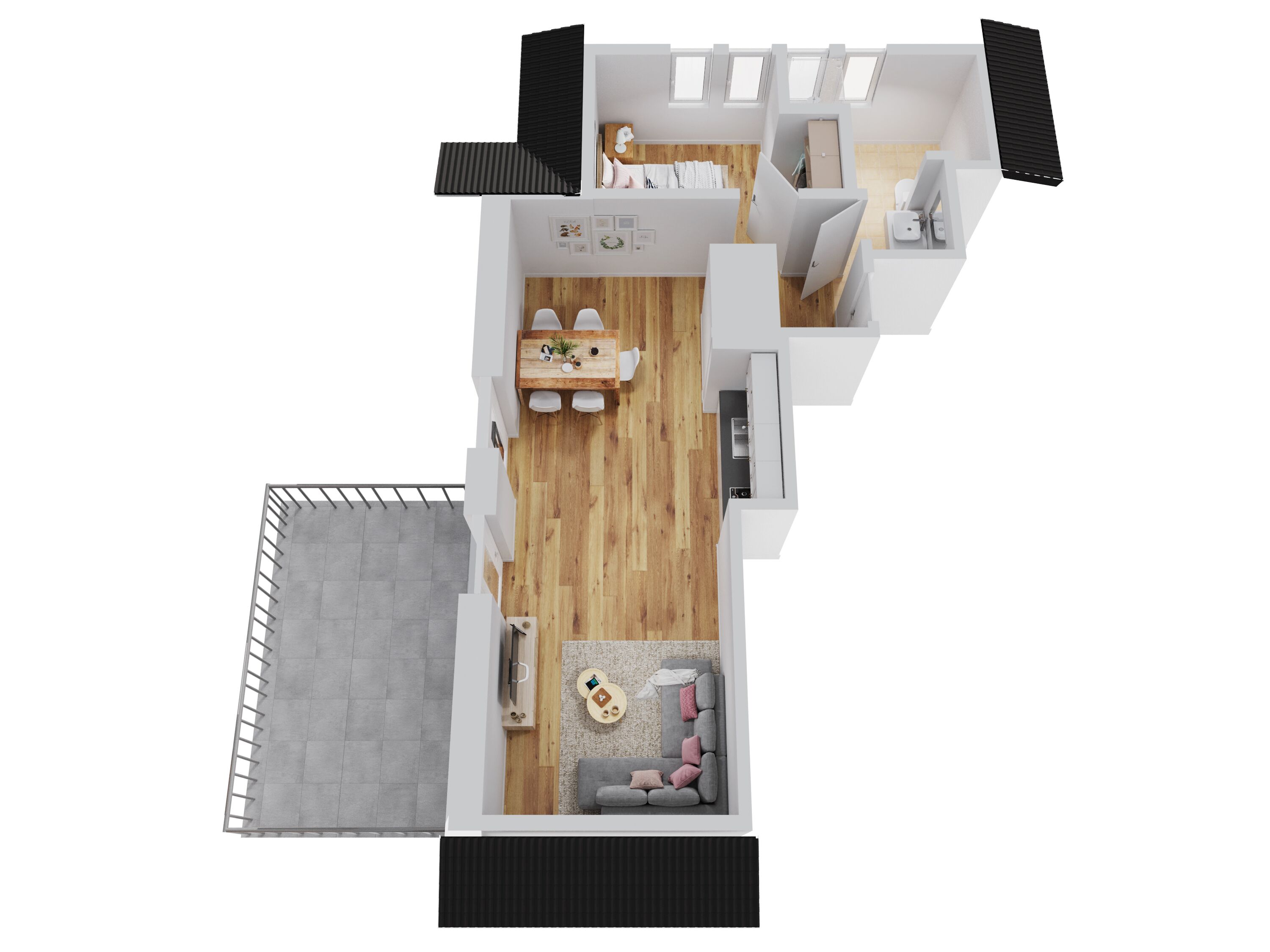 A modern apartment layout with a living room, kitchen, dining area, and balcony.