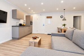 A modern living space with a kitchen, dining area, and seating area.