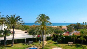 Une vue sur la côte, avec des palmiers, une route et une plage en arrière-plan.