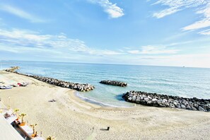 A beach with a rocky breakwater, clear blue sky, and calm sea.