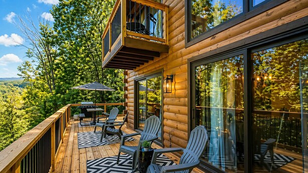 Eine Holzterrasse mit Adirondack-Stühlen, einem Grill und einer Glastür, die zu einem weiteren Terrassenbereich führt.