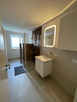 Shower, hair dryer, towels, toilet paper