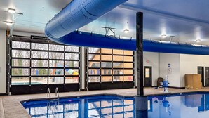 An indoor swimming pool with clear windows, a blue ceiling, and a view of outdoor play area. - Beautiful Lake Views, Indoor and Outdoor Pool, Private Hot Tub, and Game Room! (Branson)