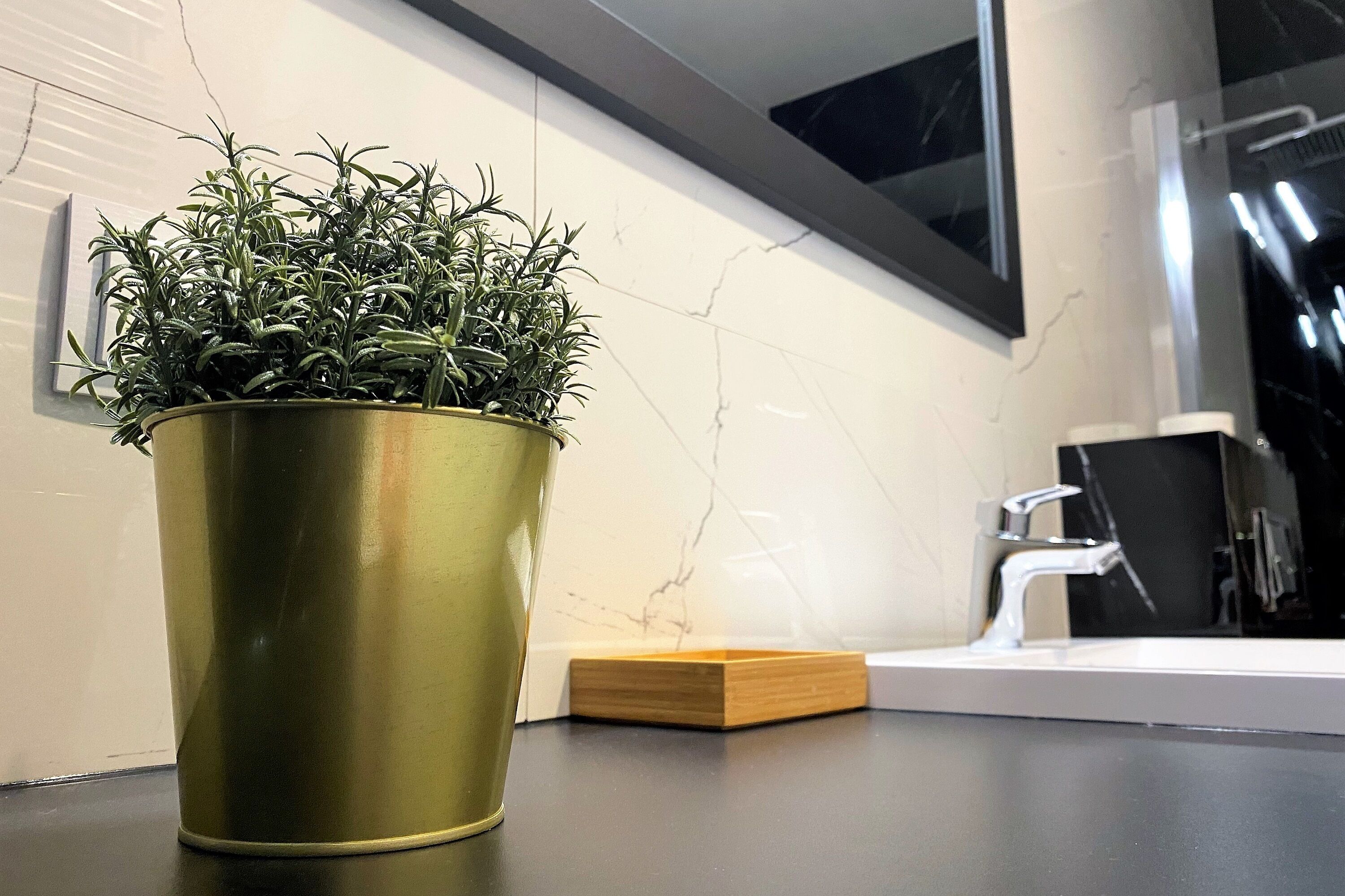 Ein Blumentopf auf einer Küchenarbeitsplatte mit Marmorrückwand und einem modernen Wasserhahn.