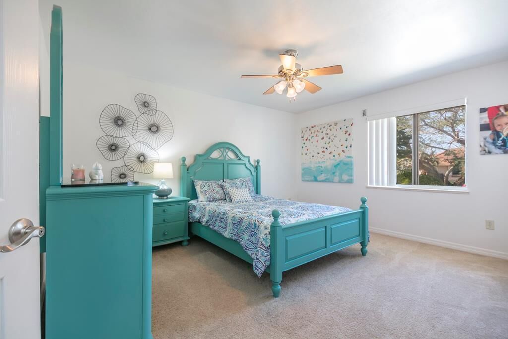 A bedroom with a teal bed, a ceiling fan, a window with a view, and a wall with a floral design.