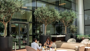 An outdoor seating area with a modern building in the background, featuring large potted trees and a glass entrance. - Address Istanbul (Istanbul)