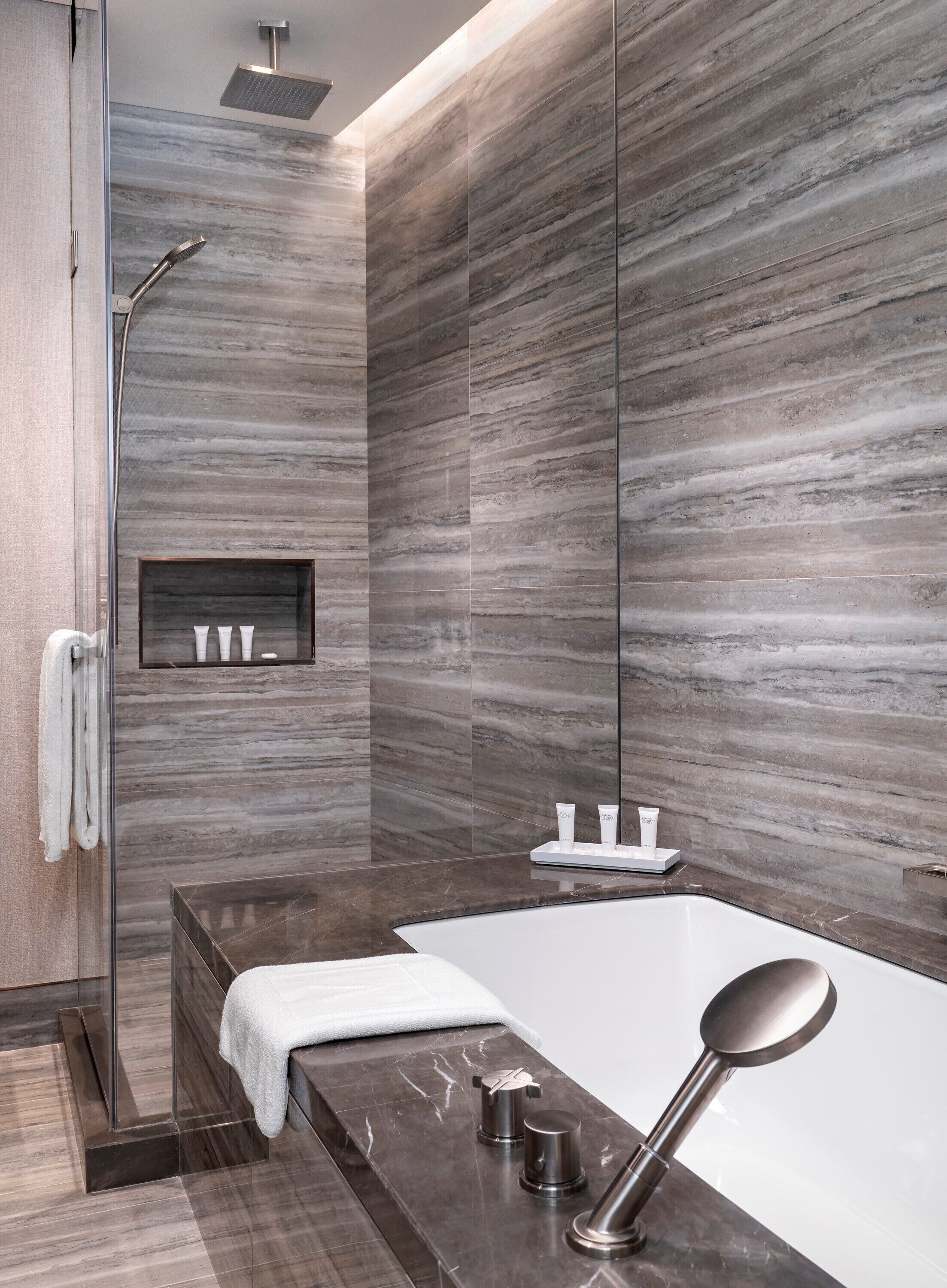 premier city view twin | bathroom | separate bathtub and shower, rainfall showerhead, hair dryer, bathrobes