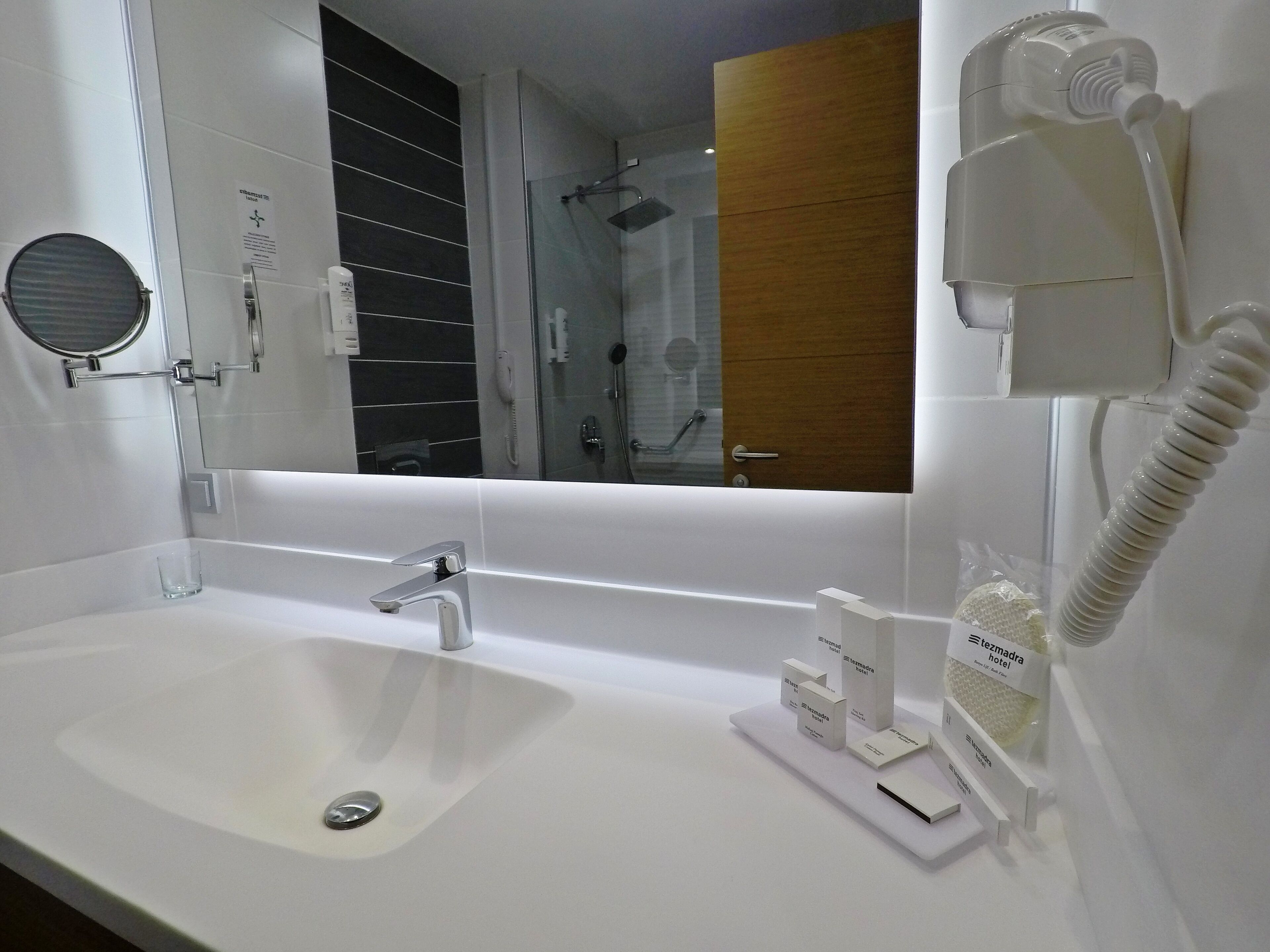 shower, rainfall showerhead, hair dryer, slippers