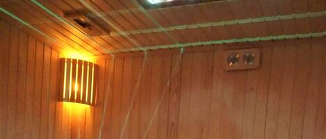 A sauna with wooden walls and benches, featuring green LED lighting along the benches.