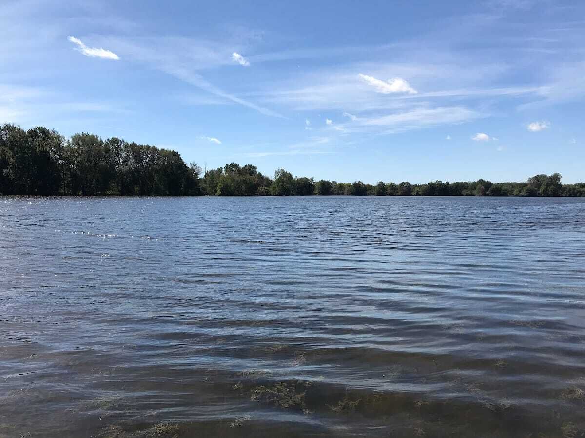 Un lac paisible, bordé d’une forêt, sous un ciel dégagé.