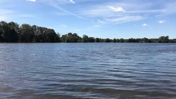Un lac paisible, bordé d’une forêt, sous un ciel dégagé.