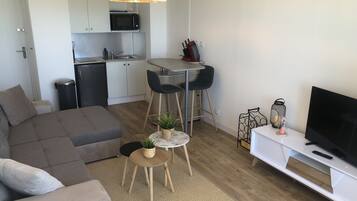 Un salon moderne avec un canapé gris, une petite table ronde ornée d’une plante et un téléviseur posé sur un meuble blanc.