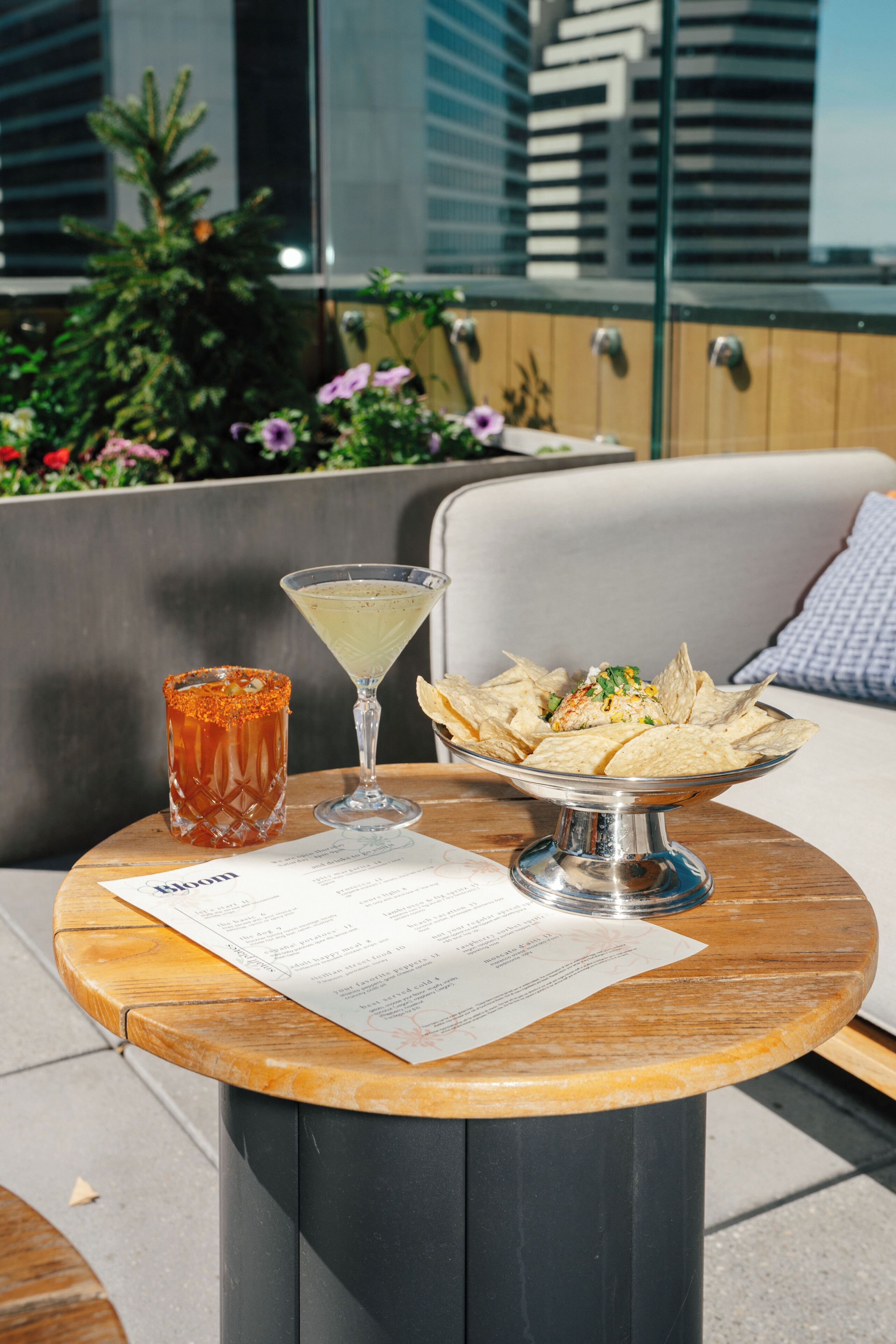 Uma mesa com cardápio, uma taça de martini e um recipiente com batatas fritas em um terraço ao ar livre.