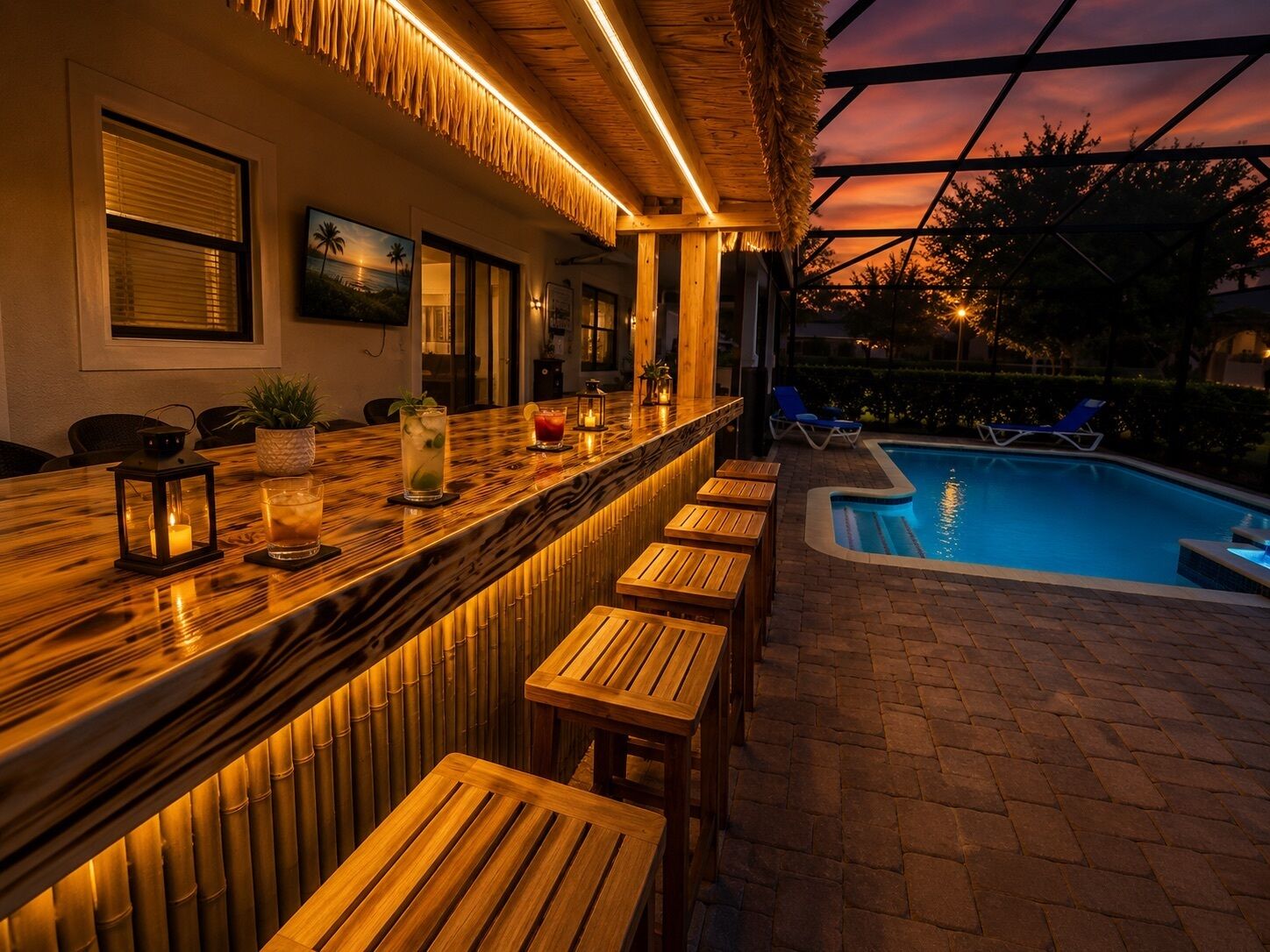 Un espace bar avec vue sur la piscine, doté de mobilier en bois et d’un éclairage d’ambiance.