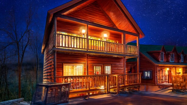 A two-story log cabin with a balcony, illuminated by warm interior lighting. - 🏊 OUTDOOR & 👙 INDOOR PRIVATE POOL CABIN | 🎮 Game Room 🕹️ (Sevierville)