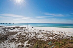 On the beach, sun loungers, beach towels