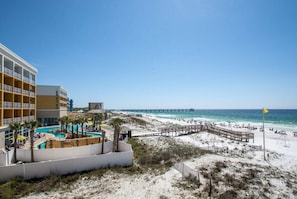 On the beach, sun loungers, beach towels