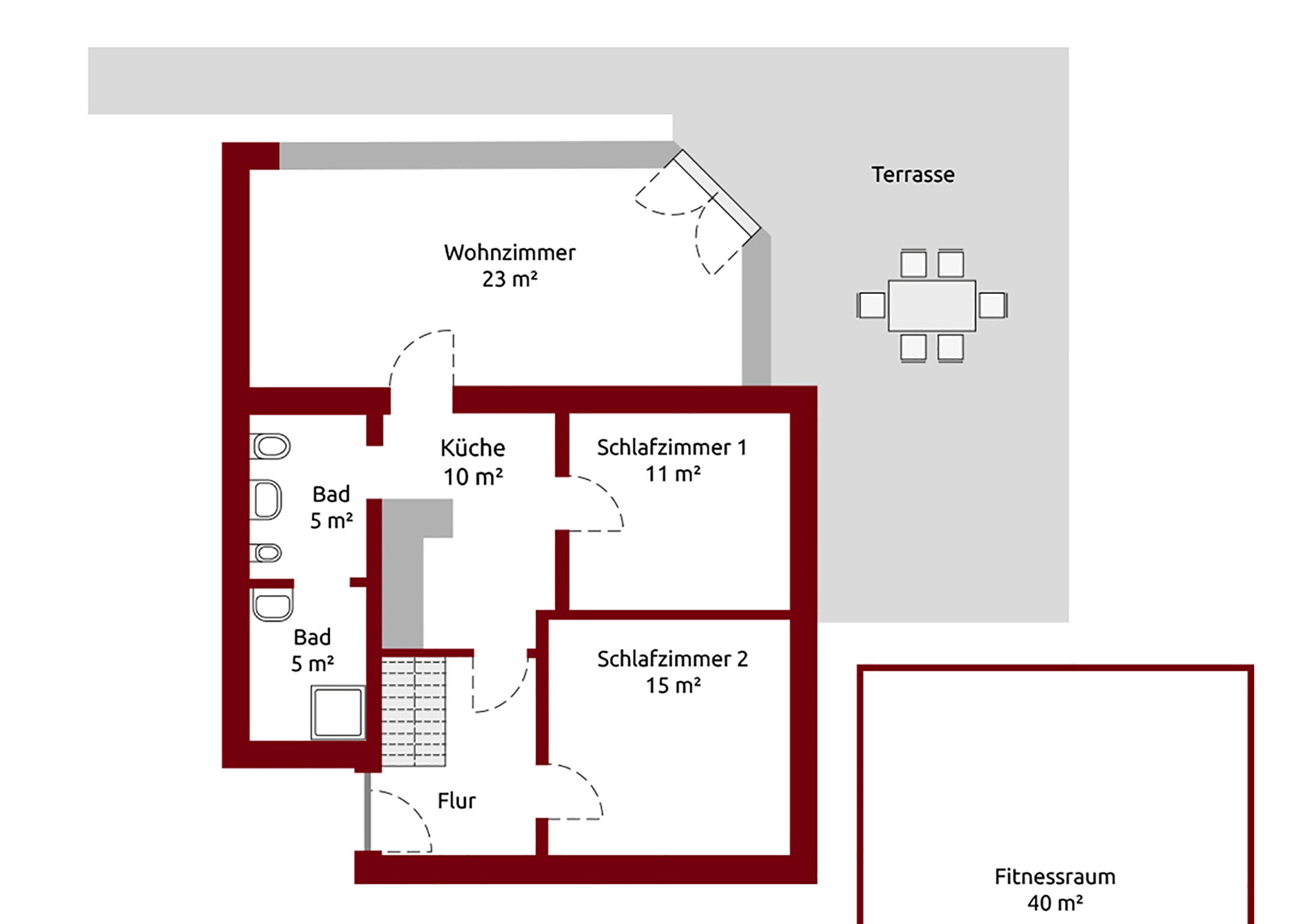 Een plattegrond met een woonkamer, keuken, twee slaapkamers, een badkamer, een terras en een fitnessruimte.