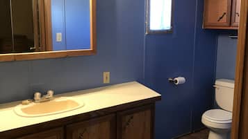 Kombinert dusj/badekar, hårføner, håndklær og såpe