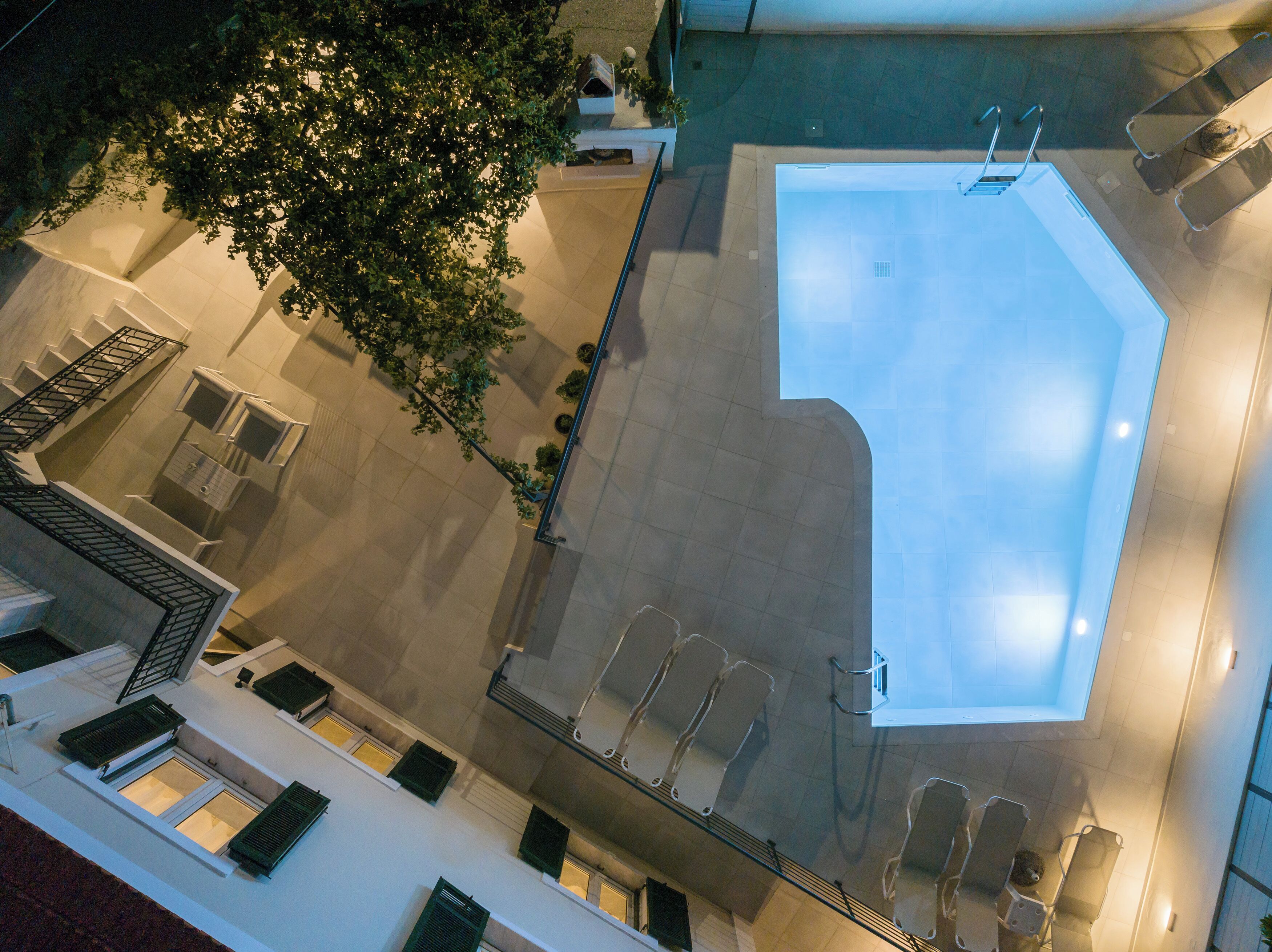 Vue aérienne d’un hôtel doté d’une piscine, d’un espace de détente extérieur et d’un arbre.