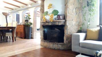 Smart TV, caminetto, tavolo da ping pong, libri