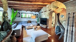 A cozy living room with a stone wall, a sofa, a television, and a wooden ceiling. - Private Boutique Villa in Rome – Pool, Jacuzzi & Garden, 20min to City (Rome)