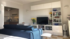 A modern living room with a sofa, a TV, a bookshelf, and a ceiling fan. - Neptune 5, top floor (Menton)