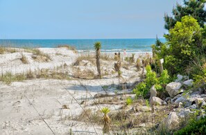 Enjoy a serene beach experience with stunning ocean views and lush vegetation.