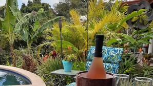 Une table avec une assiette de fromage, des fraises et des crackers, une bouteille et deux verres, le tout installé à l’extérieur, avec une piscine et une végétation luxuriante en arrière-plan.
