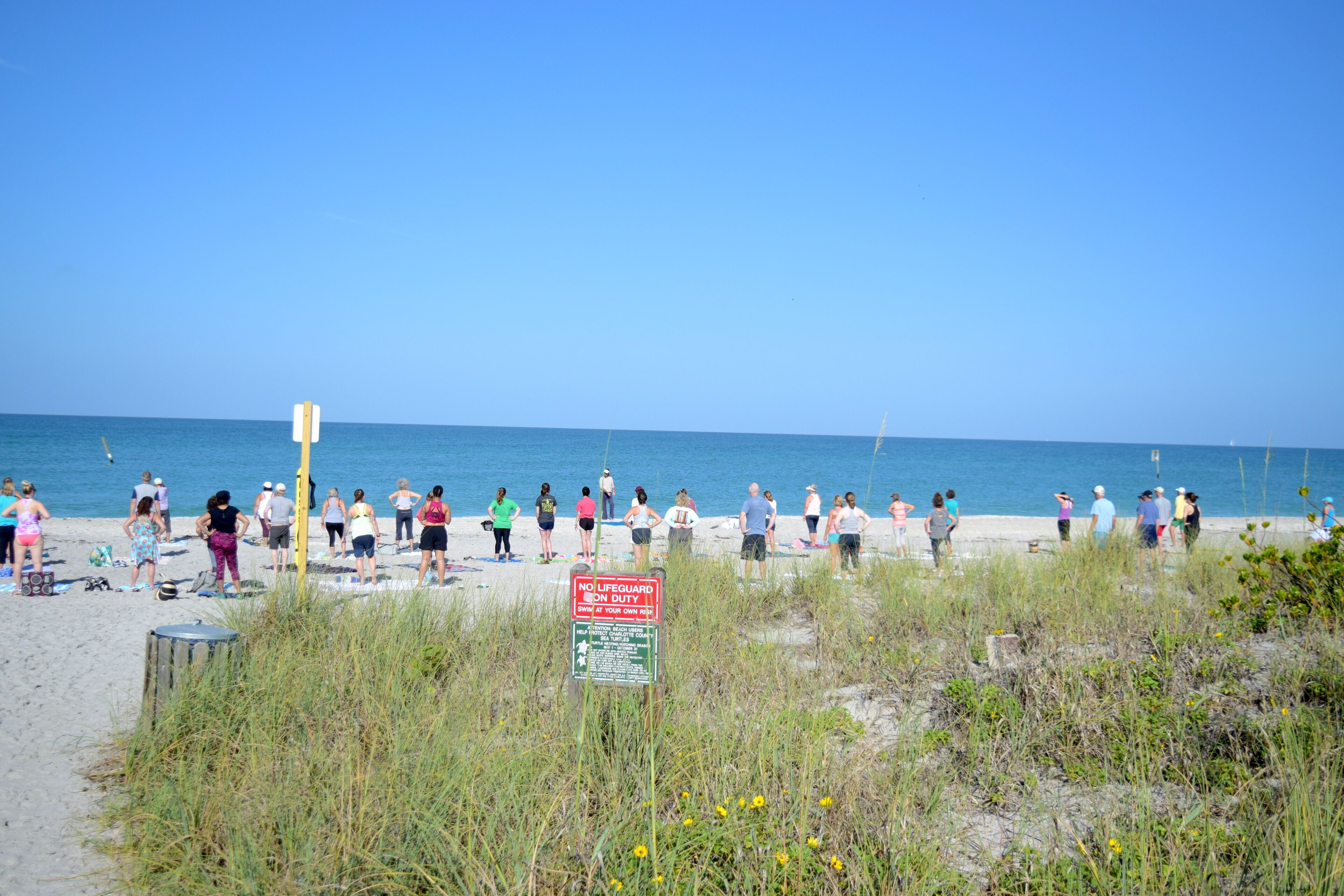 Une plage où des gens font de l’exercice, un panneau indiquant le poste de surveillance des sauveteurs et un panneau d’avertissement concernant les tortues marines.