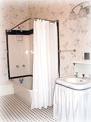 Combined shower/bathtub, hair dryer, towels, soap
