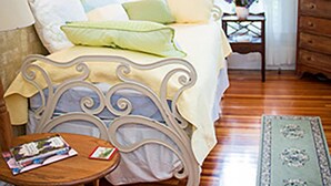A bedroom with a bed, bedside table, lamp, and a television. - The Garden Suite in this National Historic Landmark in the Village of Geneseo (Geneseo)